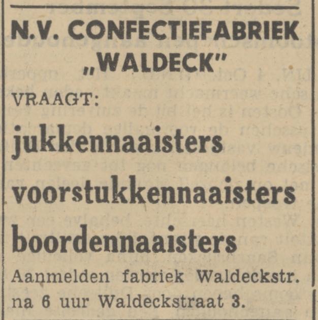 Waldeckstraat 3 Confectiefabriek Waldeck advertentie Tubantia 4-10-1939.jpg
