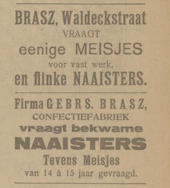 Waldeckstraat confectiefabriek Brasz advertentie Tubantia 14-9-1921.jpg