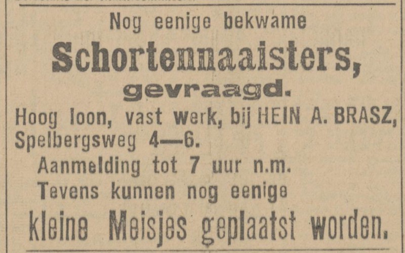 Spelbergsweg 4-6 confectiefabriek Hein A. Brasz advertentie Tubantia 11-8-1919.jpg