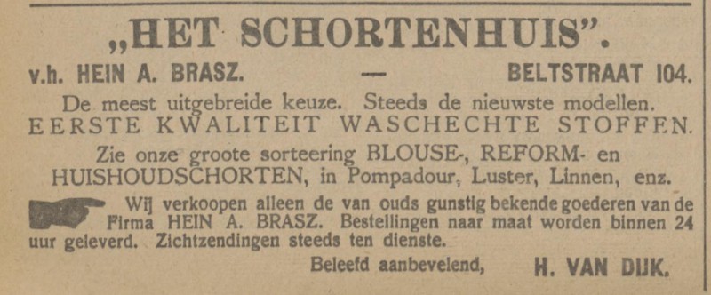 Beltstraat 104 Het Schortenhuis v.h. Hein A. Brasz advertentie Tubantia 2-11-1914.jpg