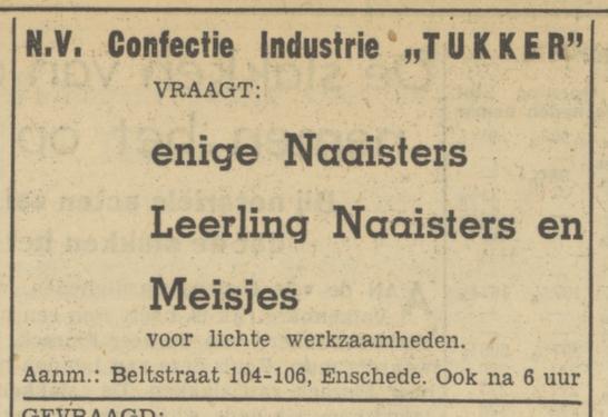 Beltstraat 104-106 N.V. Confectie Industrie Tukker advertentie Tubantia 12-6-1950.jpg