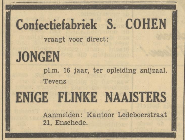 Ledeboerstraat 21 Confectiefabriek S. Cohen advertentie Tubantia 1-10-1949.jpg