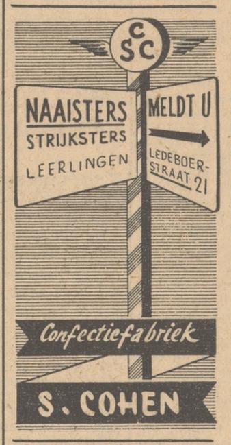 Ledeboerstraat 21 Confectiefabriek S. Cohen advertentie Tubantia 5-3-1949.jpg