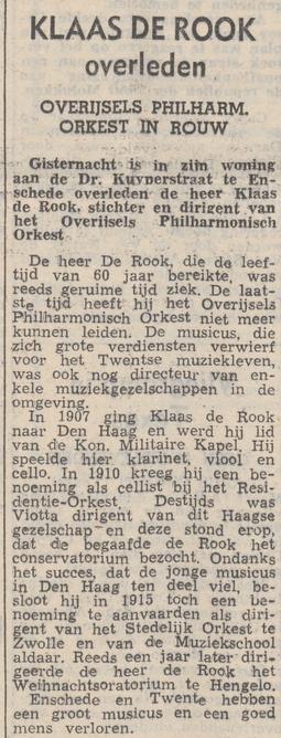 Minister Dr. Kuyperplein 64 Klaas de Rook overleden krantenbericht Overijsselsch dagblad 22-3-1952.jpg