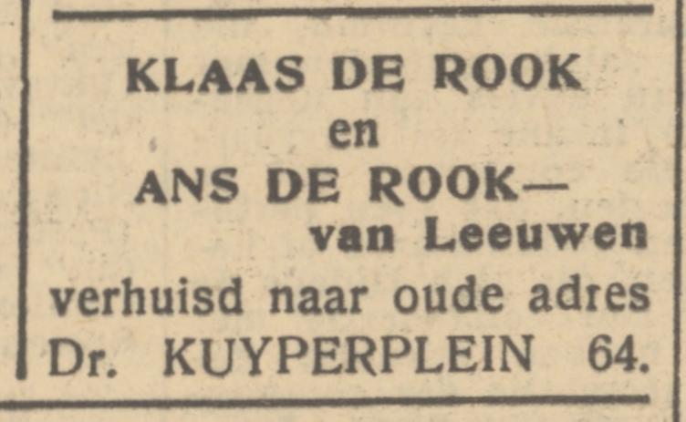 Minister Dr. Kuyperplein 64 Klaas de Rook advertentie Het Parool 25-6-1945.jpg