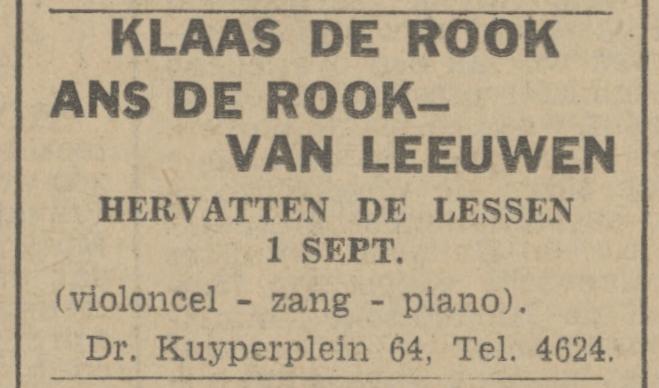 Minister Dr. Kuyperplein 64 Klaas de Rook advertentie Tubantia 27-8-1942.jpg
