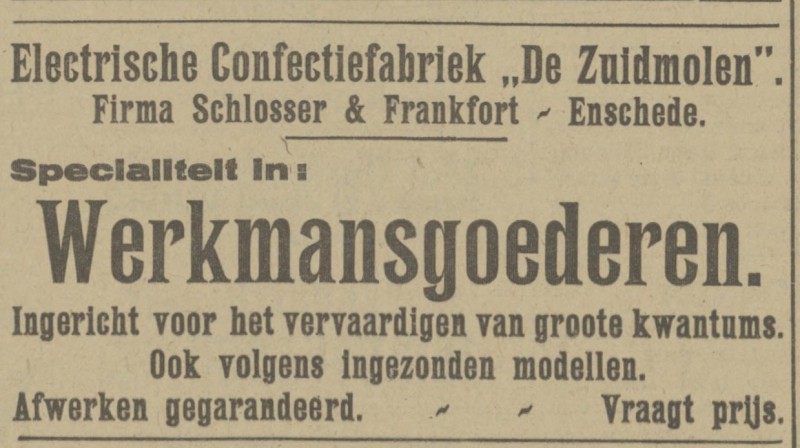 Electrische Confectiefabriek De Zuidmolen Firma Schlosser & Frankfort. advertentie Tubantia 16-6-1921.jpg