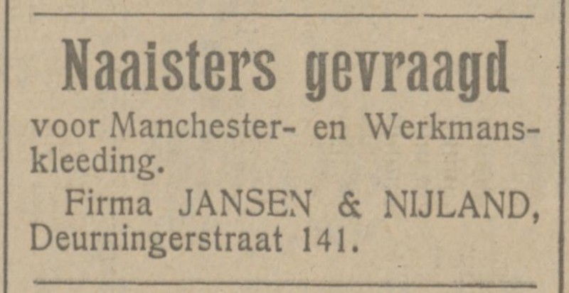 Deurningerstraat 141 confectie Jansen & Nijland advertentie Tubantia 13-6-1922.jpg