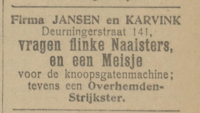 Deurningerstraat 141 confectiefabriek Jansen & Karvink advertentie Tubantia 21-7-1921.jpg