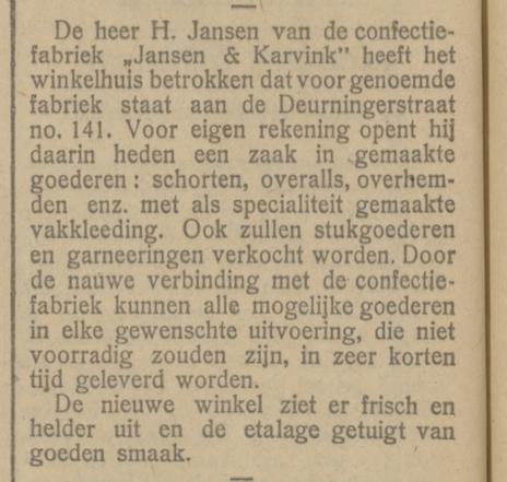 Deurningerstraat 141 confectiefabriek Jansen & Karvink krantenbericht Tubantia 27-8-1921.jpg