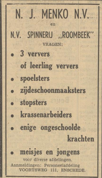 Voortsweg 111 N.V. Spinnerij Roombeek en  N.J. Menko N.V. advertentie Tubantia 12-10-1950.jpg