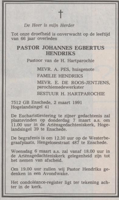 Hogelandsingel 41 Ariensgedachteniskerk H. Hartparochie Pastor J.E. Hendriks overlijdensadvertentie De Volkskrant 5-3-1991.jpg