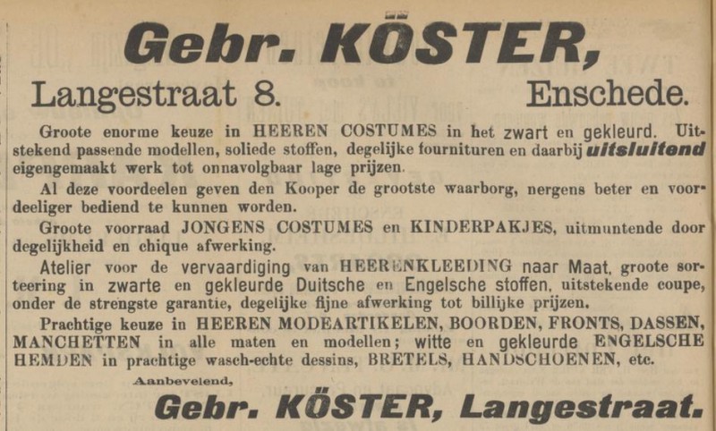 Langestraat 8 Gebr. Kòster Herenconfectie advertentie Tubantia 12-5-1900.jpg