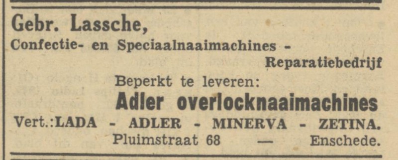 Pluimstraat 68 Gebr. Lassche reparatiebedrijf confectie- en speciaalnaaimachines advertentie Tubantia 18-2-1950.jpg