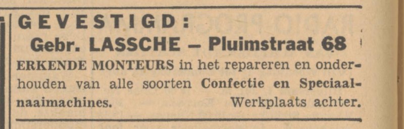 Pluimstraat 68 Gebr. Lassche reparatiebedrijf confectie- en speciaalnaaimachines advertentie Tubantia 1-2-1949.jpg