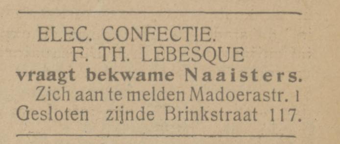 Madoerastraat 1 Confectiebedrijf F.Th. Lebesque advertentie Tubantia 8-11-1921.jpg