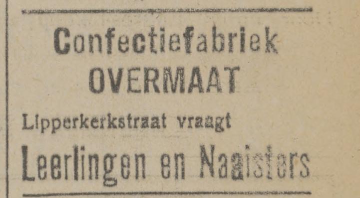 Lipperkerkstraat Confectiefabriek Overmaat advertentie Tubantia 15-9-1920.jpg