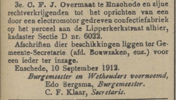Lipperkerkstraat confectiefabriek C.F.J. Overmaat krantenbericht Tubantia 11-9-1912.jpg