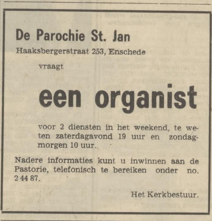 Haaksbergerstraat 253 De Parochie St. Jan advertentie Tubantia 29-1-1972.jpg