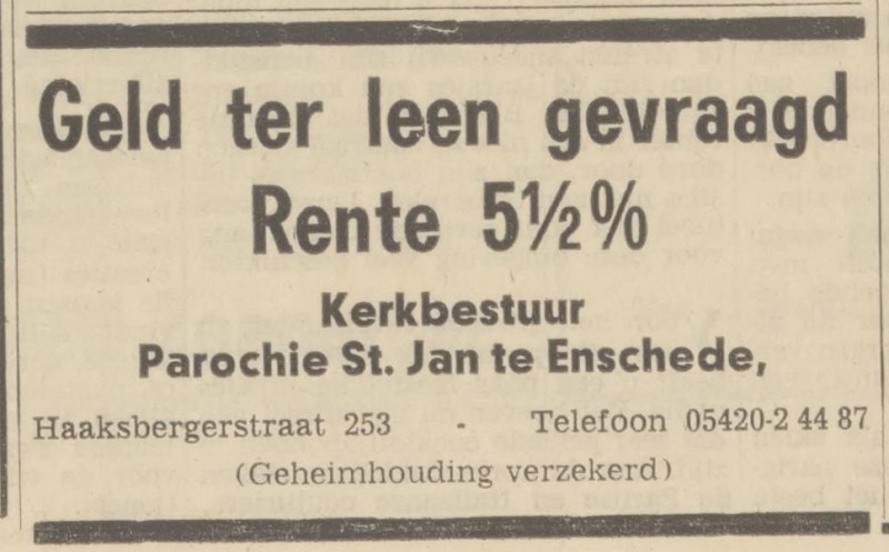 Haaksbergerstraat 253 Kerkbestuur Parochie St. Jan advertentie Tubantia 28-10-1966.jpg