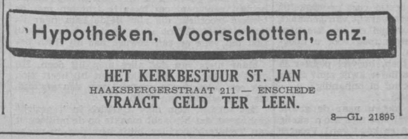 Haaksbergerstraat 211 Kerkbestuur Parochie St. Jan advertentie De Tijd 3-2-1939.jpg