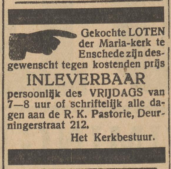 Deurningerstraat 212 Pastorie Mariakerk advertentie Twentsche Courant 6-7-1929.jpg