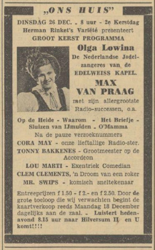 Oldenzaalsestraat schouwburg Ons Huis advertentie Tubantia 16-12-1950. kerstprogramma met Olga Lowina.jpg