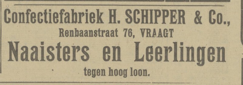 Renbaanstraat 76 Confectiefabriek H. Schipper & Co. advertentie Tubantia 9-5-1921.jpg