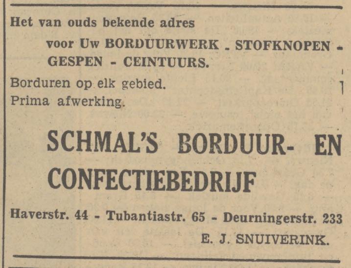 Haverstraat 44 Tubantiastraat 65 Deurningerstraat 233 Schmal's Borduur- en Confectiebedrijf advertentie Tubantia 6-2-1951.jpg