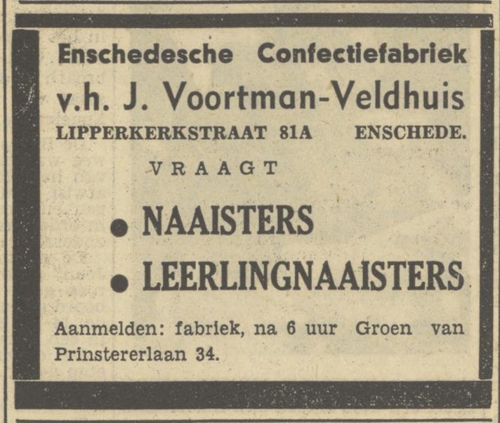Lipperkerkstraat 81a Enschedesche Confectiefabriek v.h. J. Voortman-Veldhuis advertentie Tubantia 14-1-1950.jpg