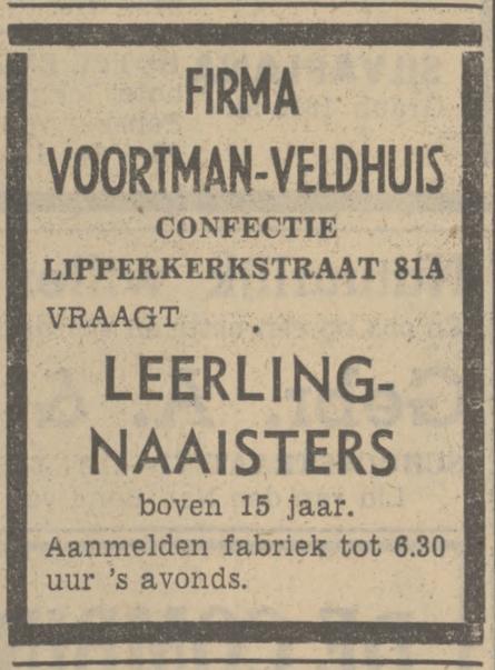 Lip;perkerkstraat 81a Confectie Voortman-Veldhuis advertentie Tubantia 3-6-1939.jpg