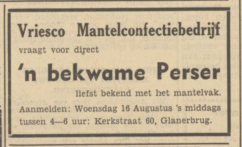 Kerkstraat 60 Glanerbrug mantelconfectiebedrijf Vriesco advertentie Tubantia 11-8-1950.jpg