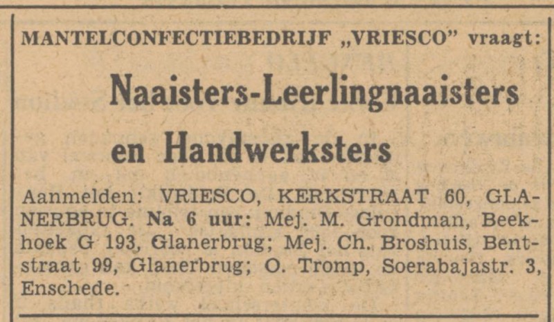 Kerkstraat 60 Glanerbrug mantelconfectiebedrijf Vriesco advertentie Tubantia 23-2-1949.jpg