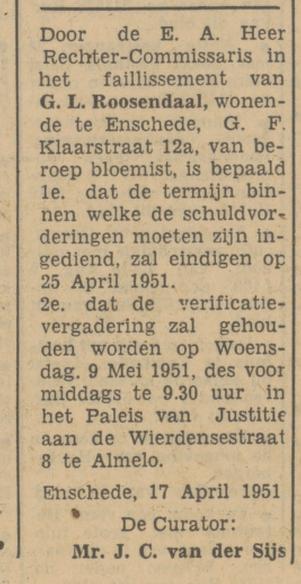 C.F. Klaarstraat 12 G.L. Roosendaal, bloemist advertentie Tubantia 18-4-1951.jpg
