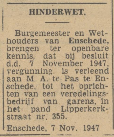 Lipperkerkstraat 355 M.A. te Pas veredelingsbedrijf van garens krantenbericht Tubantia 11-11-1947.jpg