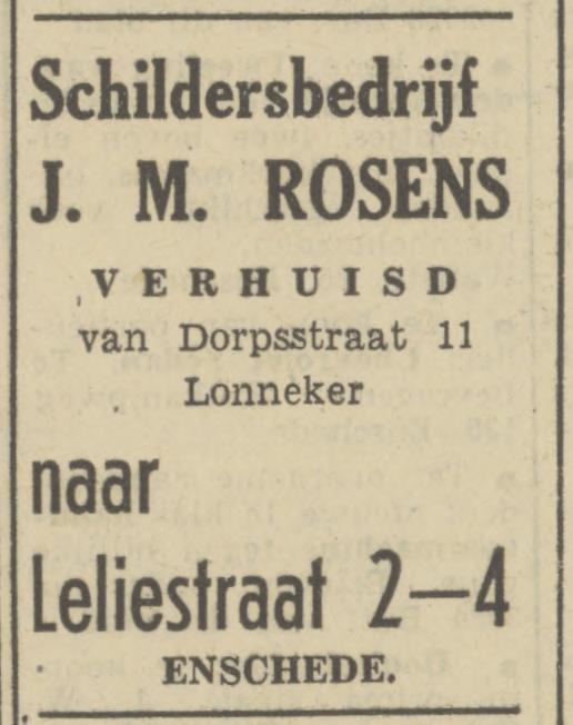 Dorpsstraat 11 Schildersbedrijf J.M. Rosens advertentie Tubantia 14-6-1950.jpg