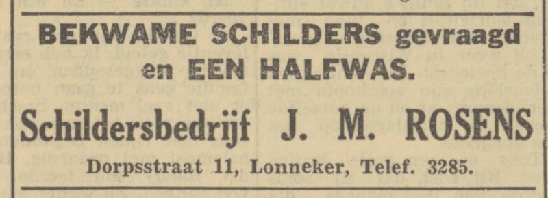 Dorpsstraat 11 Schildersbedrijf J.M. Rosens advertentie Tubantia 9-7-1949.jpg