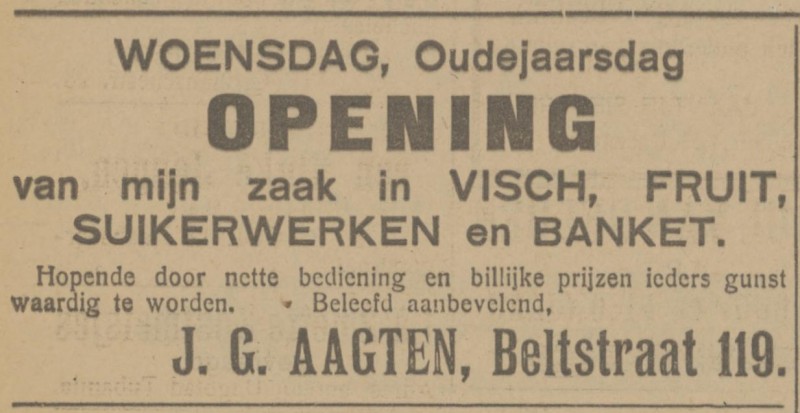 Beltstraat 119 J.G. Aagten zaak in vis, fruit, suikerwerken en banket. advertentie Tubantia 30-12-1924.jpg