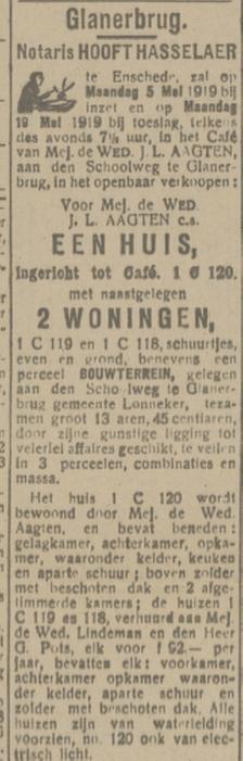 Schoolweg Glanerbrug cafe J.L. Aagten advertentie Tubantia 26-4-1919.jpg