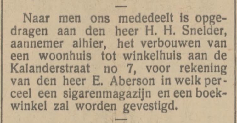 Kalanderstraat 7 Boekhandel en sigarenmagazijn E. Aberson krantenbericht Tubantia 8-5-1914.jpg