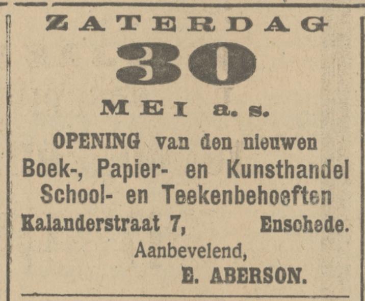 Kalanderstraat 7 Boekhandel E. Aberson advertentie Tubantia 29-5-1914.jpg