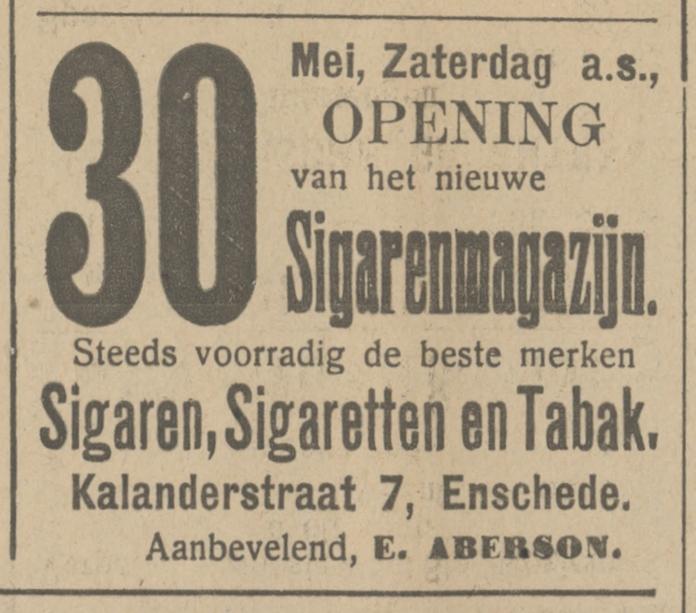 Kalanderstraat 7 Sigarenmagazijn E. Aberson advertentie Tubantia 29-5-1914.jpg