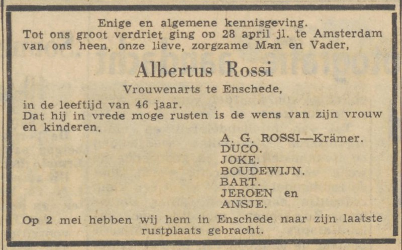 Albertus Rossi Vrouwenarts overlijdensadvertentie Trouw 4-5-1961.jpg