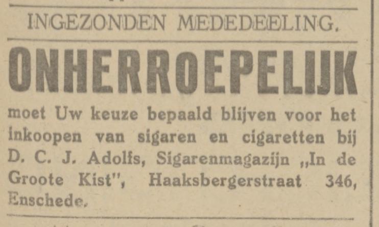 Haaksbergerstraat 346 D.C.J. Adolfs Sigarenmagazijn In de Groote Kist. advertentie Tubantia 4-12-1924.jpg