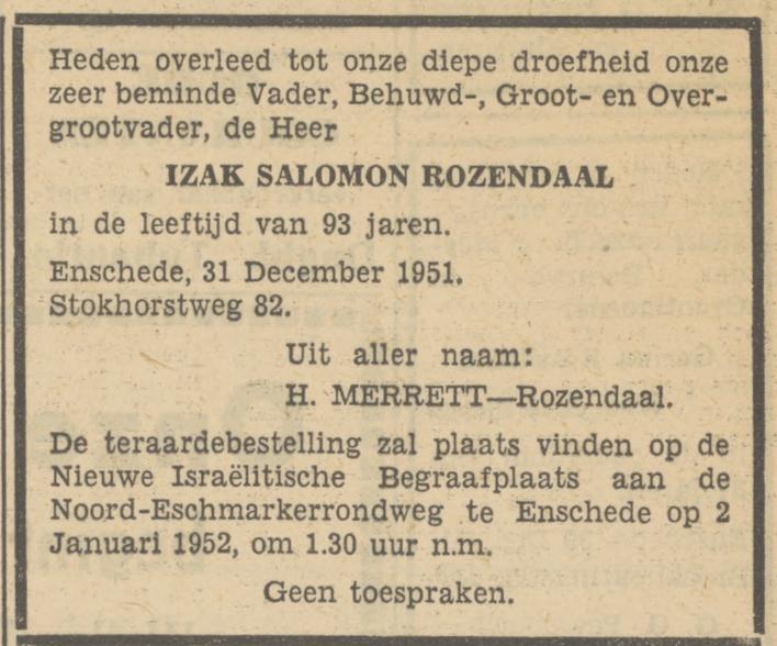 Stokhorstweg 82 Izak Salomon Rozendaal overlijdensadvertentie Tubantia 31-12-1951.jpg