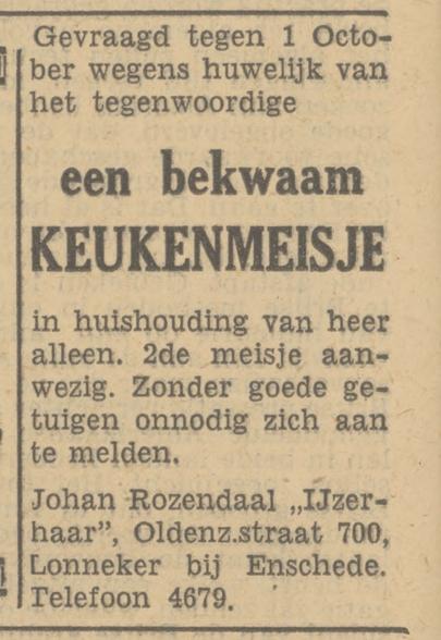 Oldenzaalsestraat 700 IJzerhaar dorp Lonneker Johan Rozendaal advertentie Tubantia 5-9-1949.jpg