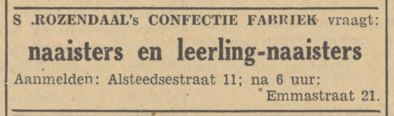 Emmastraat 21 Alsteedsestraat 11 S. Rozendaal's Confectie Fabriek advertentie Tubantia 27-11-1948.jpg