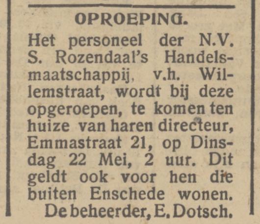 Emmastraat 21 E. Dotsch Directeur N.V. S. Rozendaal's Handelsmaatschappij advertentie Het Parool 19-5-1945.jpg
