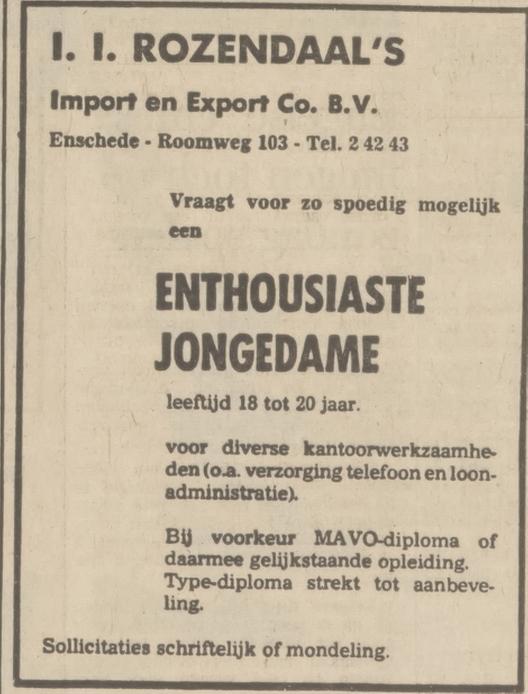 Roomweg 103 I.I. Rozendaal's Import & Export Co  advertentie Tubantia 22-12-1973.jpg