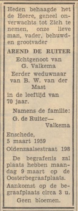 Oldenzaalsestraat 198 Arend de Ruiter overlijdensadvertentie Tubantia 6-3-1959.jpg